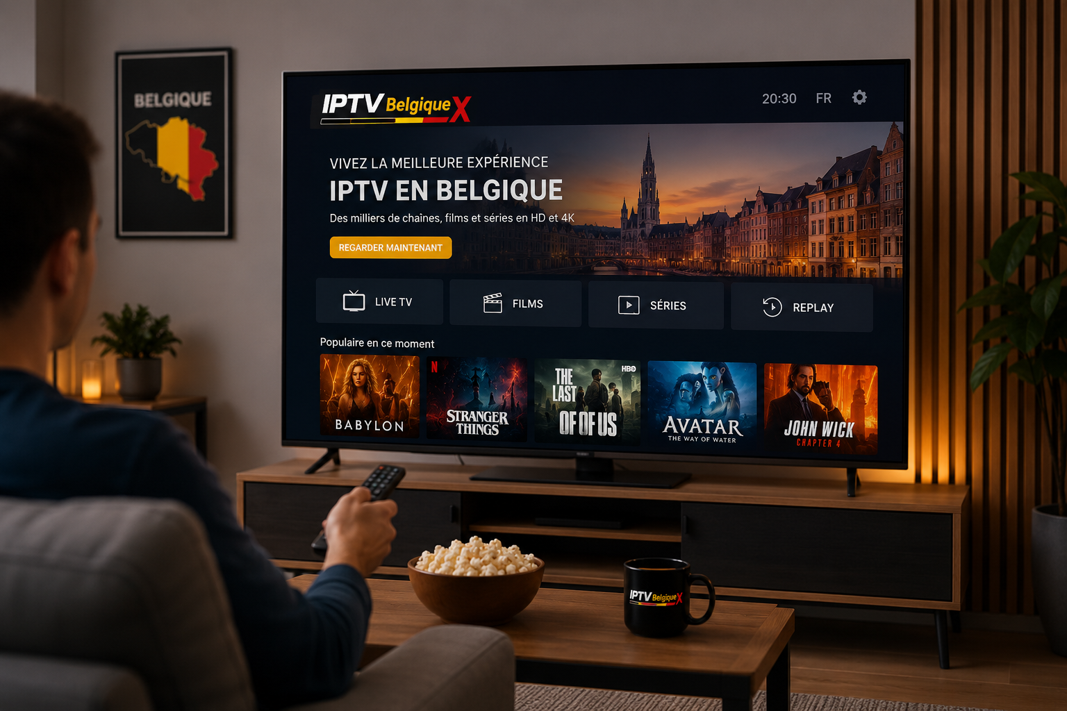 IPTV affichée sur une grande Smart TV dans un salon en Belgique